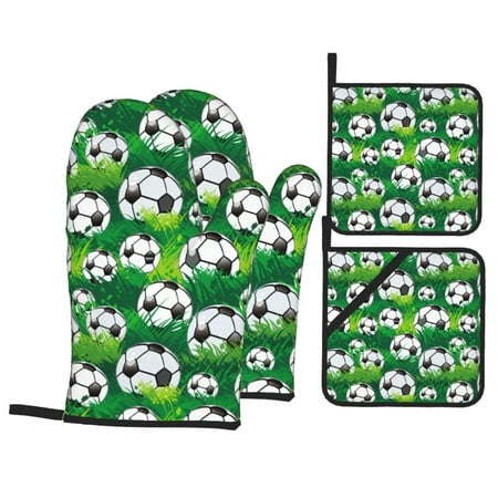 

Oven Mitts and Pot Holders 4 pcs Set soccer Football ball green grass Heat Resistant Pot Holders Oven Mitts for kitchen Non-Slip Hanging Loop Oven Glove Potholders for Baking Cooking