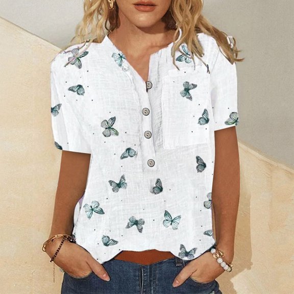 WNEGSTG Short Sleeve Shirts for Women Summer Fashion Tops Casual Trendy Printed Tee Shirt Button Blouses