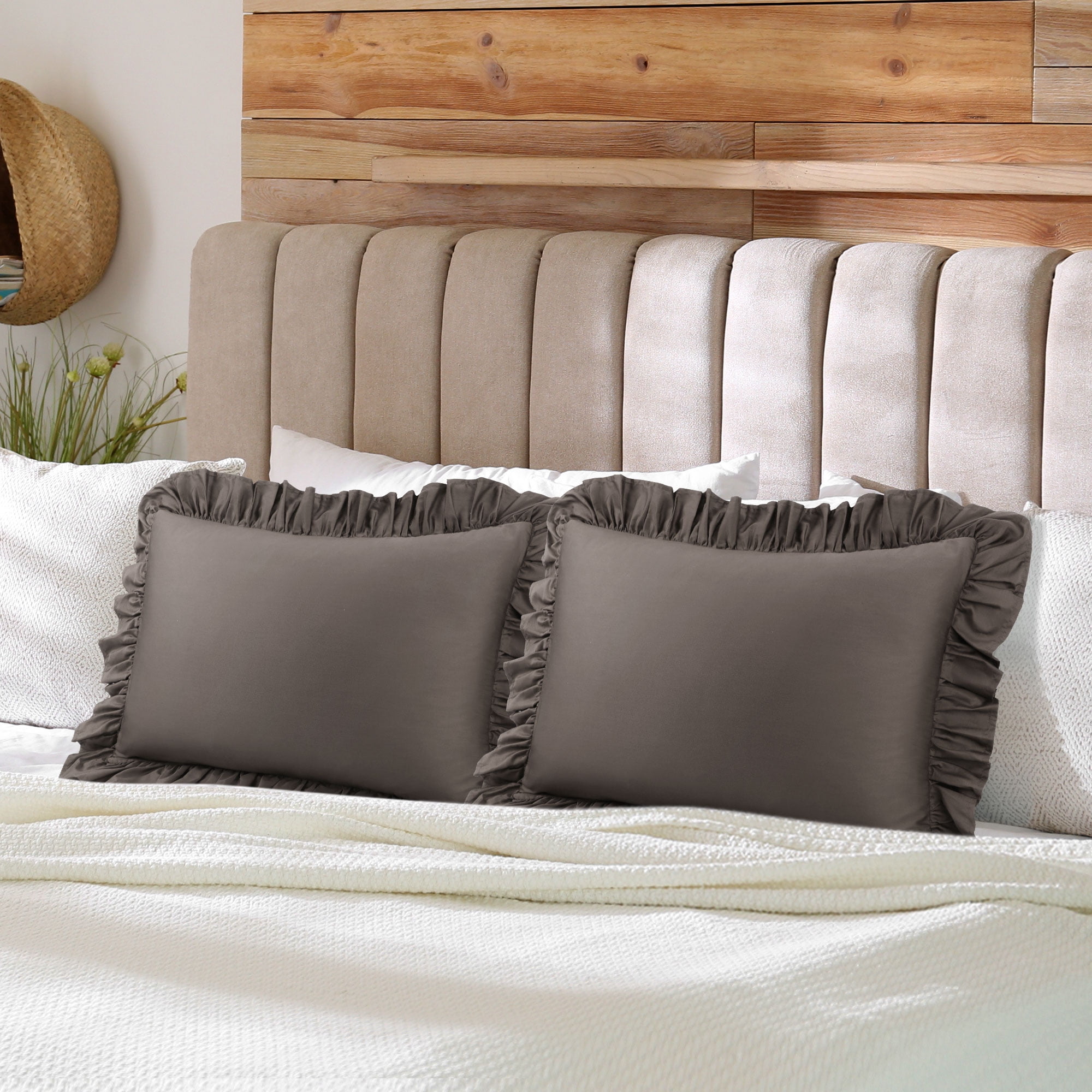Unique Bargains 2 Pcs 100% Cotton Envelope Closure Ruffled Pillowcases Beaver Queen