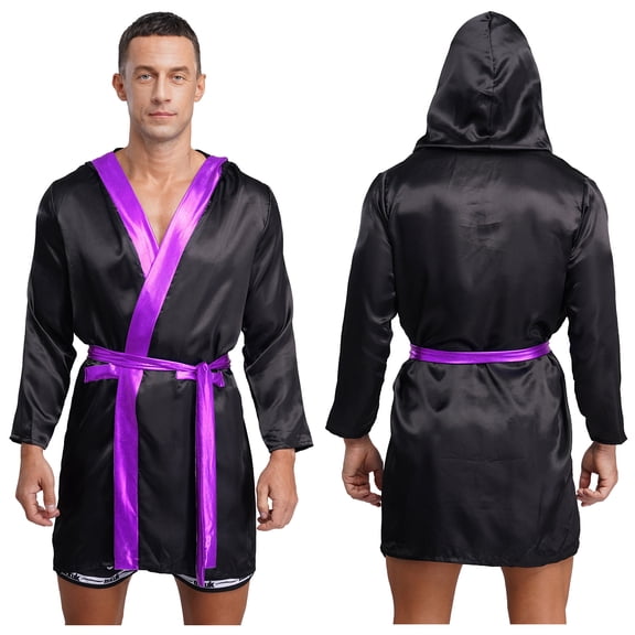 TiaoBug Adult Mens Boxer Hooded Robes Satiny Shiny Long Sleeve Bathrobes Boxing Team Uniform Outfits Black Purple 16