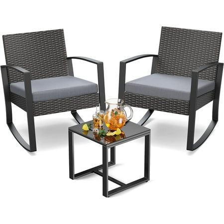 Patio Furniture Set Clearance, 3 Pieces Rocking Wicker Chair With Soft Cushion And Glass Coffee Table, For Garden, Balcony, Backyard, Gray
