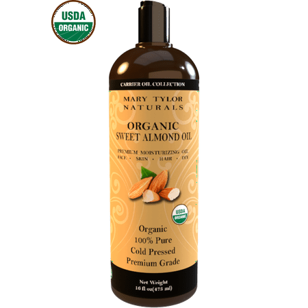 Sweet Almond Oil 16 oz, USDA Certified Organic By Mary Tylor Naturals, Premium Grade, Cold Pressed, 100% Pure, Amazing Moisturizer for Skin Best Carrier oil for all Your DIY Projects Great as Baby