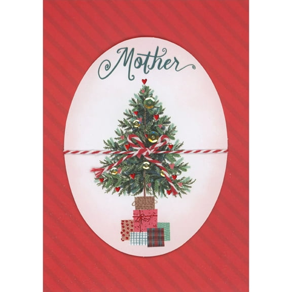 Designer Greetings Oval 3D Die Cut Banner with Tree, Red and White String Bow and Sequins Over Red Diagonal Stripes Hand Decorated Christmas Card for Mother