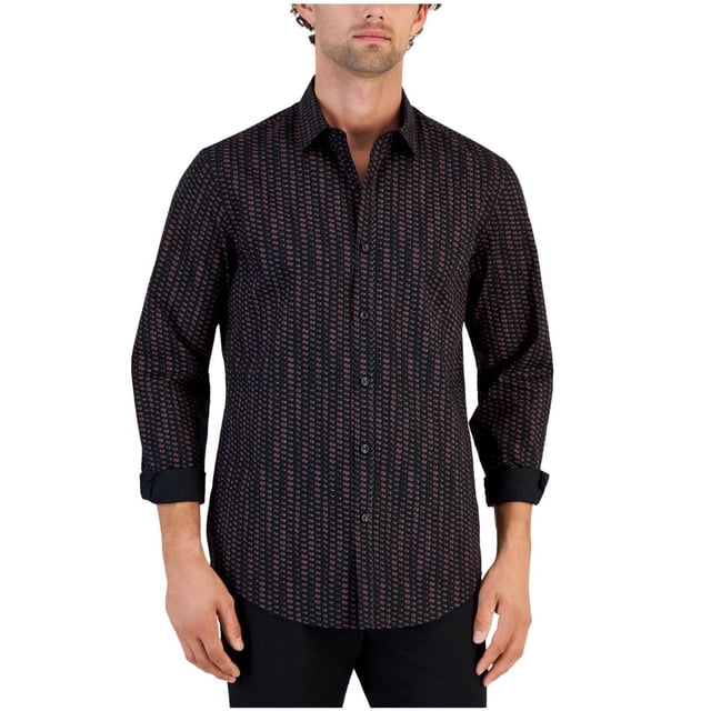 Alfani Mens Long-Sleeve Button-up Button Up Shirt, black, S Neck