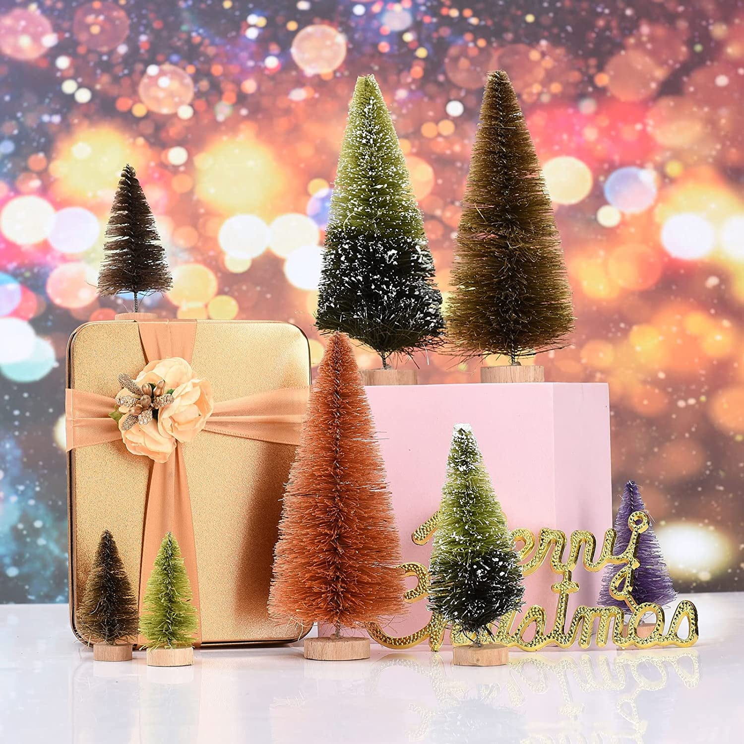 Haodeba 18pcs Miniature Pine Trees Sisal Trees with Wood Base Christmas Tree Set Tabletop Trees for Miniature Scenes, Christmas Crafting and Designing