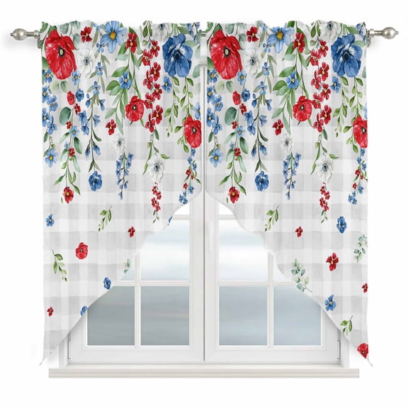 Swag Valance Curtains for Windows, Blue Floral Light Filtering Kitchen Curtains with Rod Pocket, Red Flowers Country Leaves Rustic Plaid Window Treatment Valances for Living Room, 36x36 - 2 PCS
