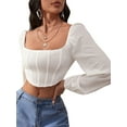 thumbnail image 2 of Seyurigaoka Women's Square Neck Crop Tops Long Sleeve Solid Color Slim Fit Asymmetrical Navel T-Shirts for Club Party, 2 of 7