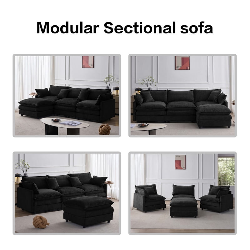 105" Modular Sectional Couch, 3-Seater Soft Chenille L-Shaped Sofa with Ottoman, Upholstery Sofa Couch with Pocket Coil & High-Density Foam for Living Room