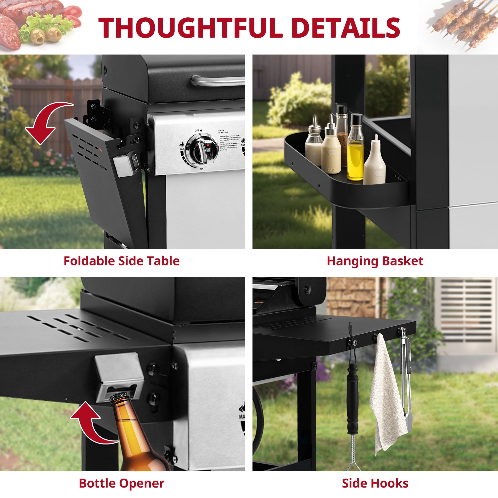 Enyopro Gas Grill, 4-Burner Propane Gas Grill, 40,00BTU Stainless Steel BBQ Grill With  Foldable Side Table, Hanging Basket, for Outdoor Camping Barbecue