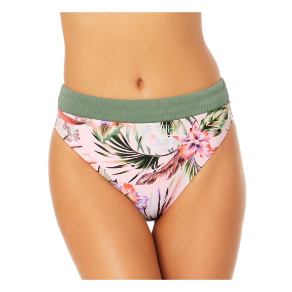 CALIFORNIA SUNSHINE Women's Pink Tropical Print Textured Lined Moderate Coverage Textured Bikini Swimsuit Bottom M