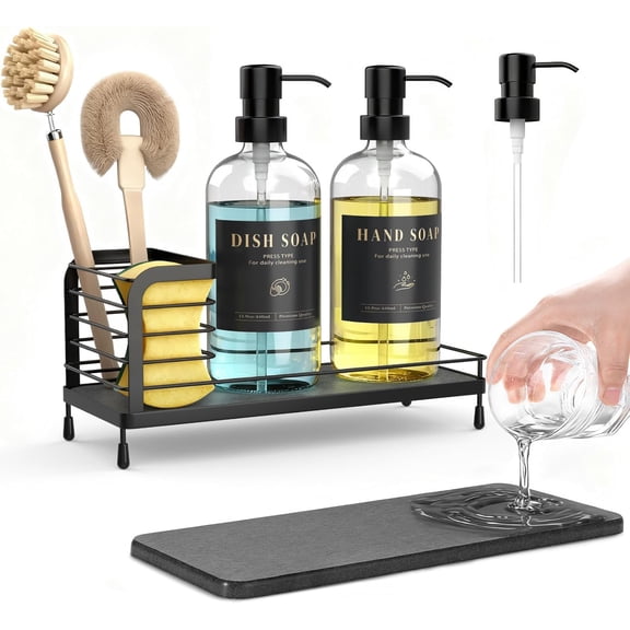 Kitchen Soap Dispenser Set - 17oz Hand and Dish with Fast Drying Tray, Glass Bottle Waterproof Labels, Sink Organizer, Bathroom Countertop Black