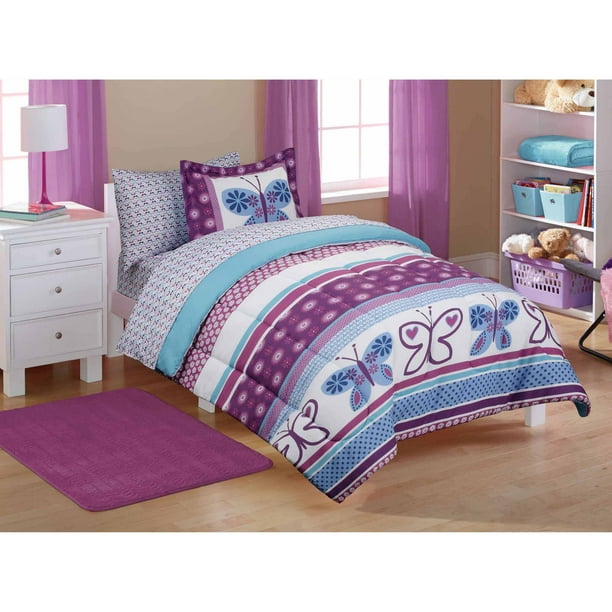 Mainstays Kids Purple Butterfly Coordinated Bed In A Bag Walmart Com Walmart Com
