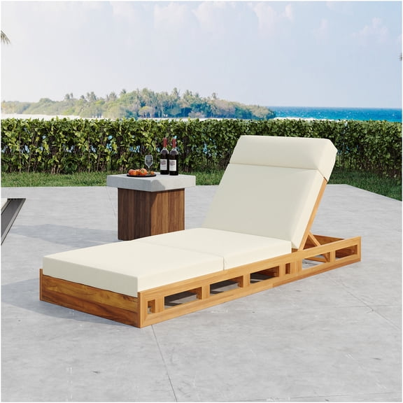 JERFIT Adjustable Acacia Wood Chaise Lounge with Headrest, Water-Resistant Beige Cushion, 4-Position Recliner for Patio Poolside Outdoor