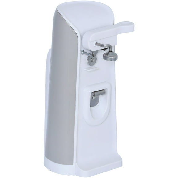 Brentwood Tall Electric Can Opener with Knife Sharpener and Bottle Opener in White