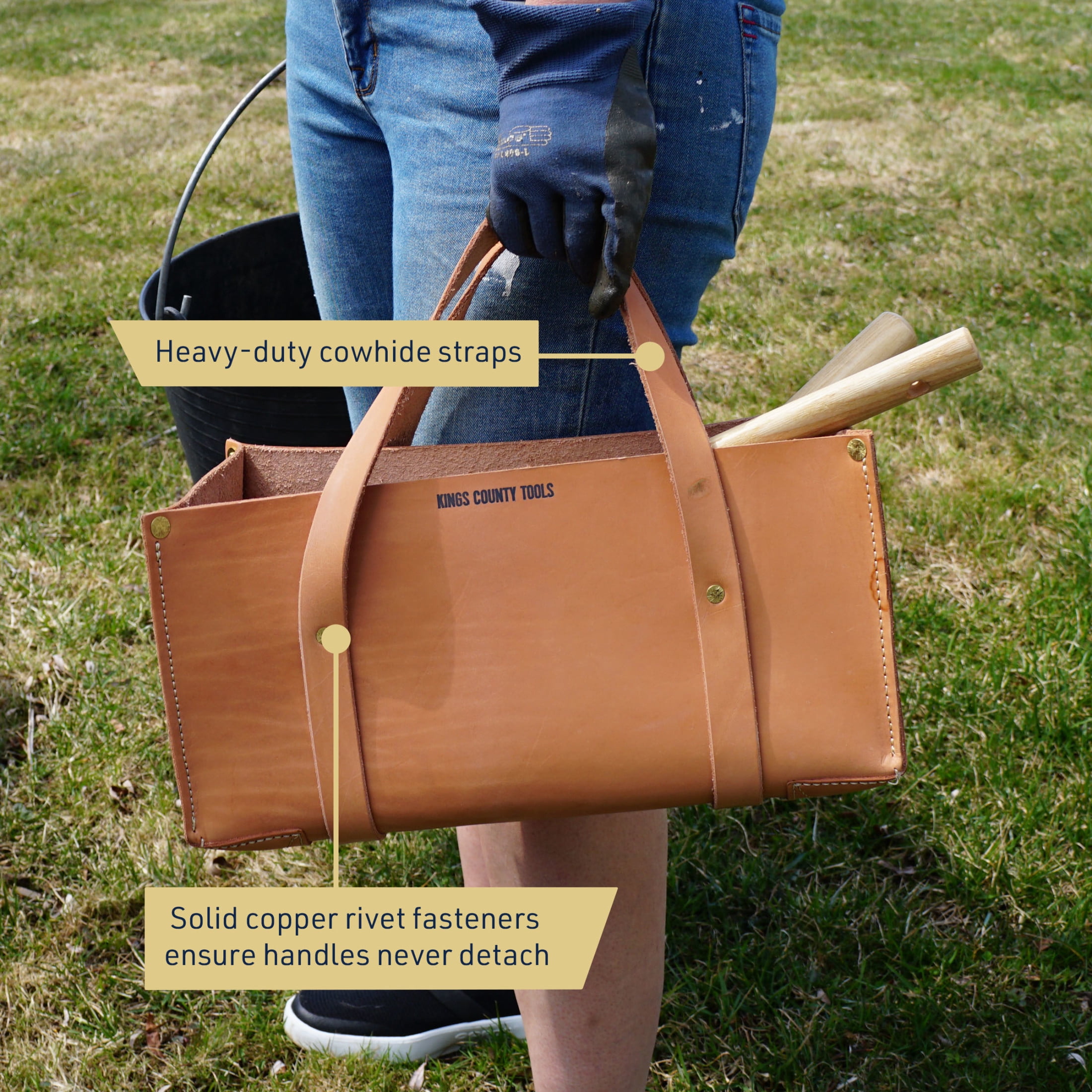 Kings County Tools Leather Tote Tool Bag - 15x7x7 Inch Large Utility Tote