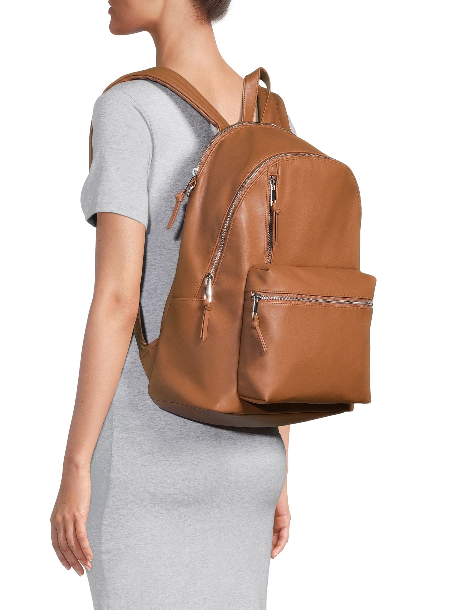 No Boundaries Women's Dome Zip Backpack, Cognac Faux Leather