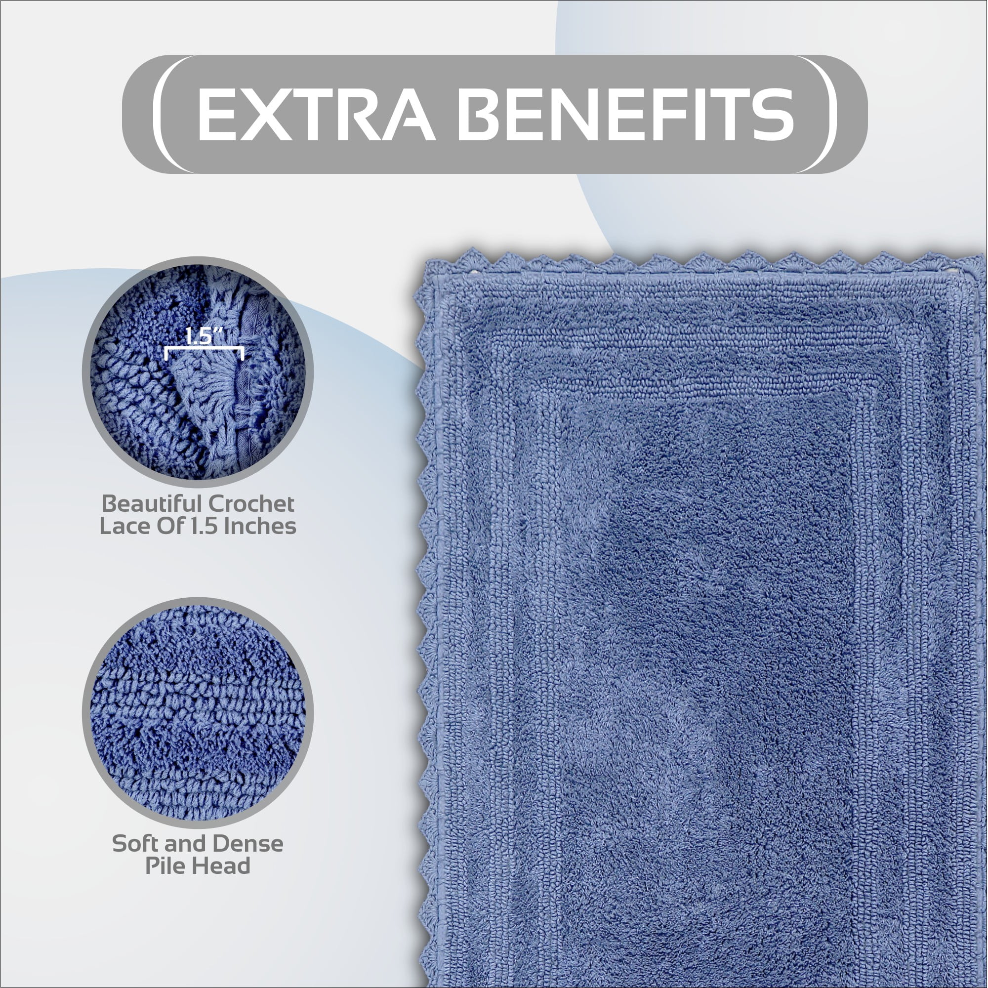 Better Trends 21" x 34" Bathroom Rug – 100% Cotton, Extra Soft Tufted Reversible Bath Mat, Water-Absorbent, Machine Washable (Blue) Lilly Crochet Collection