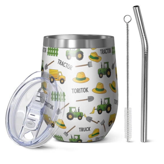 12oz Stemless Wine Tumblers Cartoon Tractors Hats White Pattern Vacuum Insulated Stainless Steel Travel Tumbler Cups Mug with Lid and Straw for Champaign,Cocktail,Beer with Cleaning Brush
