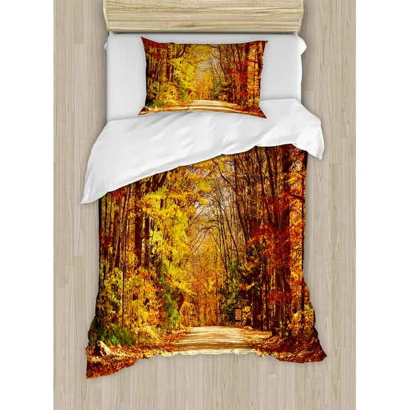 Fall Duvet Cover Set, Scenic View Outdoors Empty Roadway Surrounded with Deciduous Trees Image, Decorative 2 Piece Bedding Set with 1 Pillow Shams, Twin Size, Redwood Yellow Orange, by Ambesonne