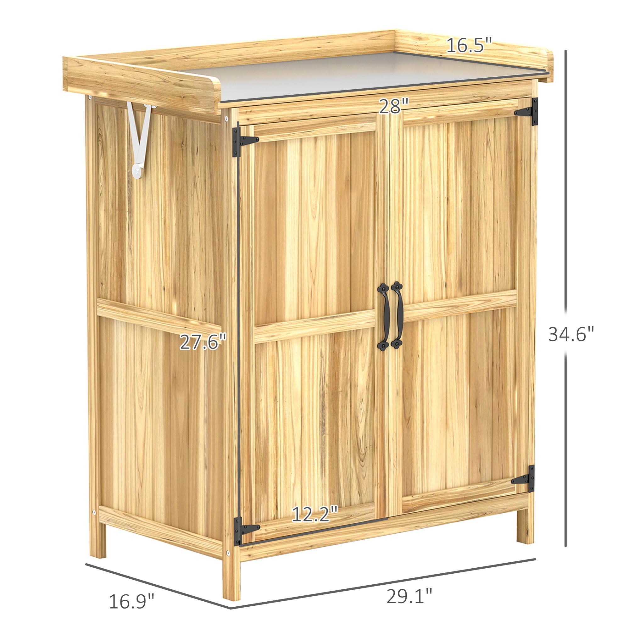 Outsunny Outdoor Garden Shed, Wooden Backyard Shed with Metal Tabletop, Shelf and 2 Doors for Patio, Lawn, Natural Wood