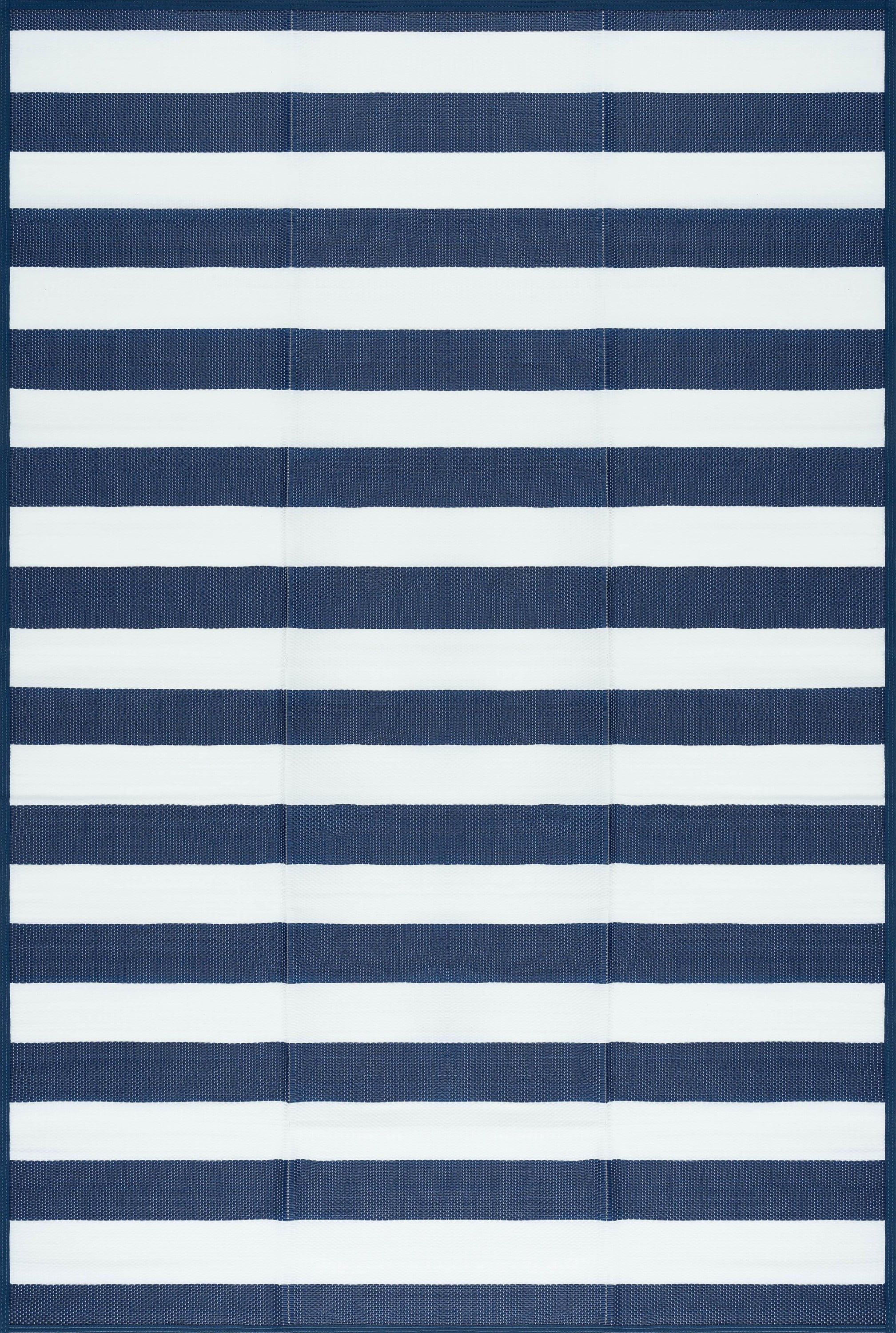 Luna Contemporary Stripe Navy and White Polypropylene Reversible Plastic Straw Outdoor Area Rug, 7'11'' x 10'3'' Rectangle