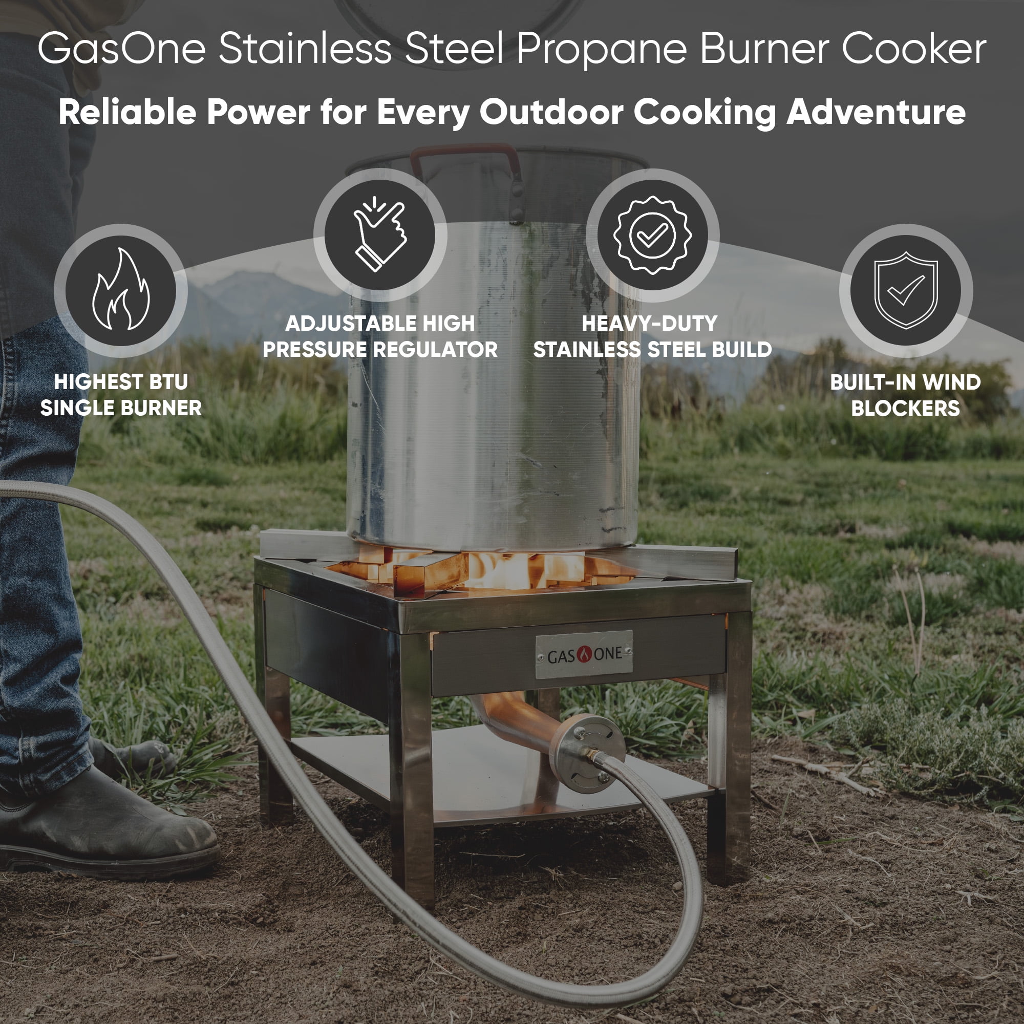 GasOne Stainless Steel Propane Burner Cooker With Regulator with Steel Braided Hose For Outdoor Cooking, Turkey Fry
