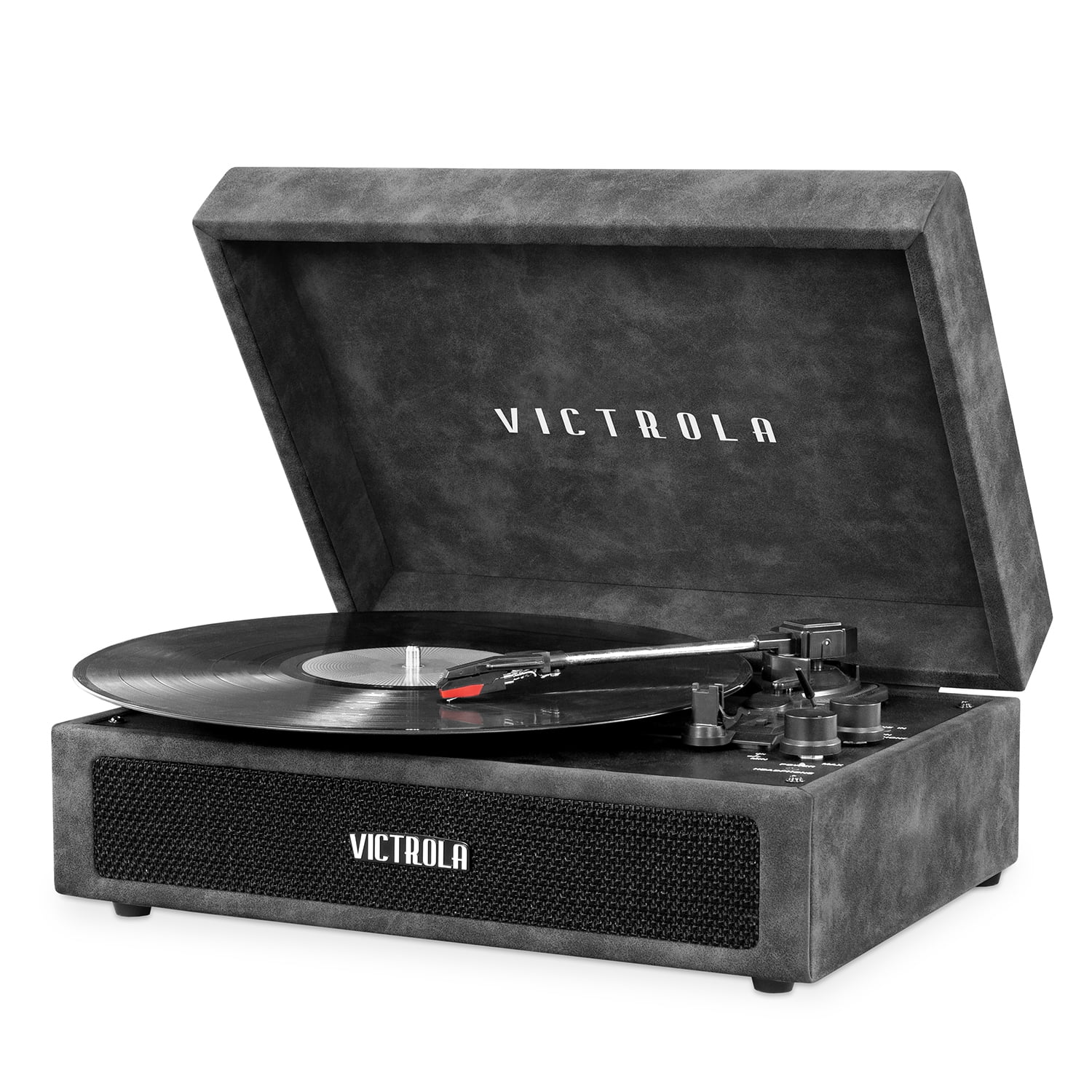 Victrola Vintage 3-Speed Bluetooth Portable Suitcase Record Player with Built-in Speakers Upgraded Turntable Audio Sound Faux Lambskin Gray with Silver Includes Extra Stylus 