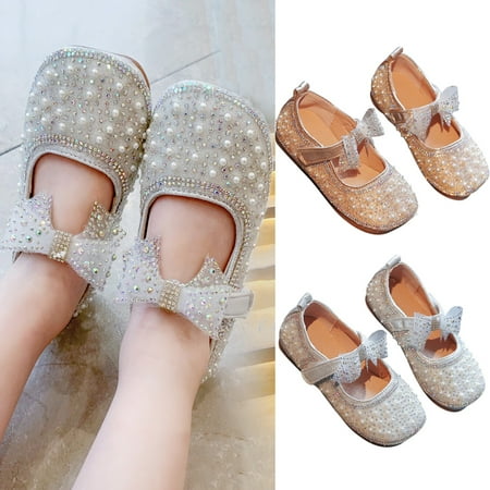 Toddler Little Girl Dress Shoes - Girl s Bow Mary Jane Glitter Pearl Ballet Flats Party School Wedding