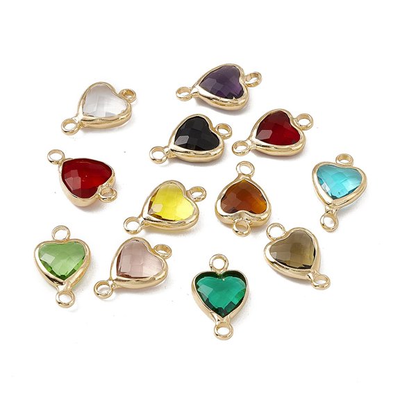 Transparent K9 Glass Connector Charms Heart Links with Light Gold Tone Brass Findings Mixed Color 14x8.5x3.7mm Hole: 1.8mm