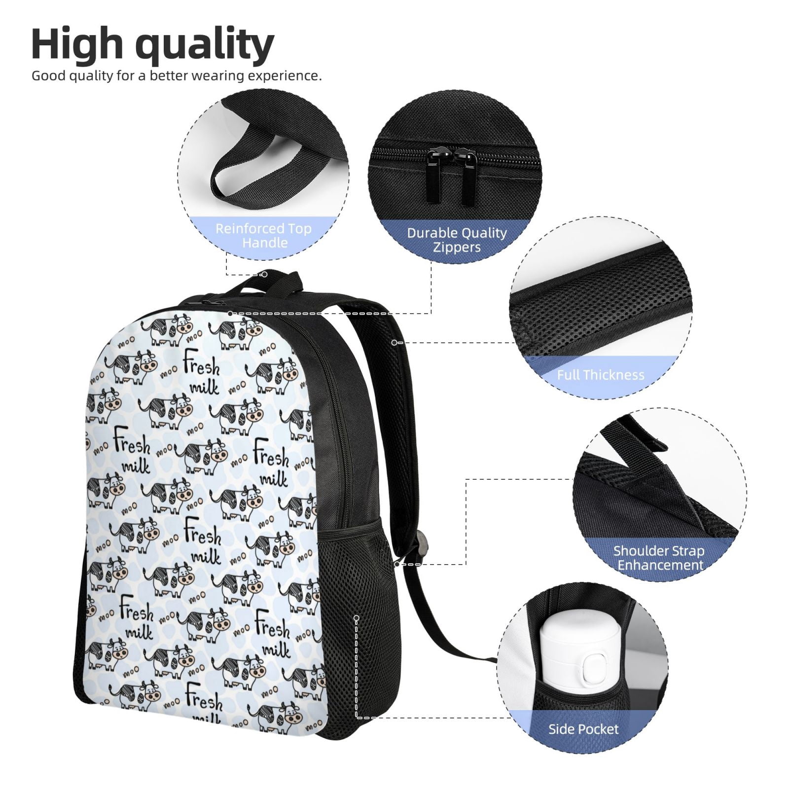 Ratiio Cow With Fresh Milk Print Backpack with Padded 15-inch Laptop Sleeve- Spacious and Durable Daypack for Work and Travel