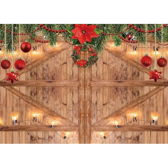 7x5FT Rustic Christmas Barn Wood Door Backdrop for Photography Winter Christmas Rustic Barn Wood Door Photography Backdrop Xmas Tree Background Banner for Family Holiday Party Decoration