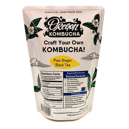 Kombucha Starter Kit by Oregon Kombucha - Organic Pear Ginger Black Tea and Scoby w/ Starter Liquid - Raw Culture Brews 1 Gallon of Delicious Kombucha,