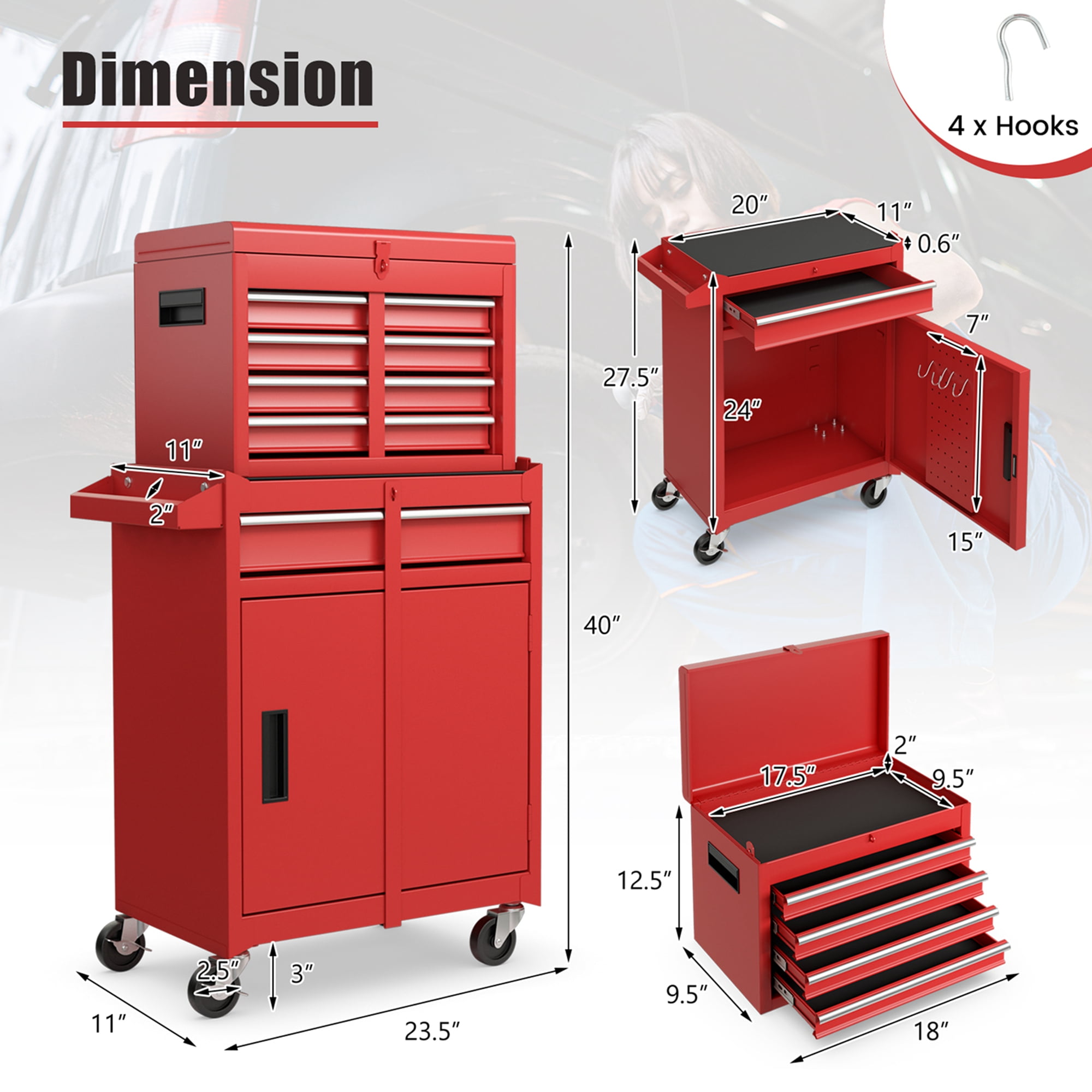Costway 2 in 1 Tool Chest & Cabinet with 5 Sliding Drawers Rolling