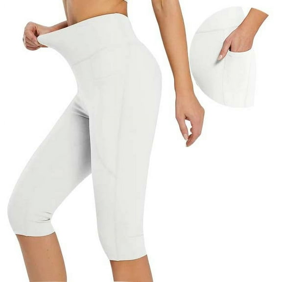 Womens Casual Yoga Capris High Waist Knee Length Leggings Workout Exercise Capris for Summer with Pockets(XL,White)