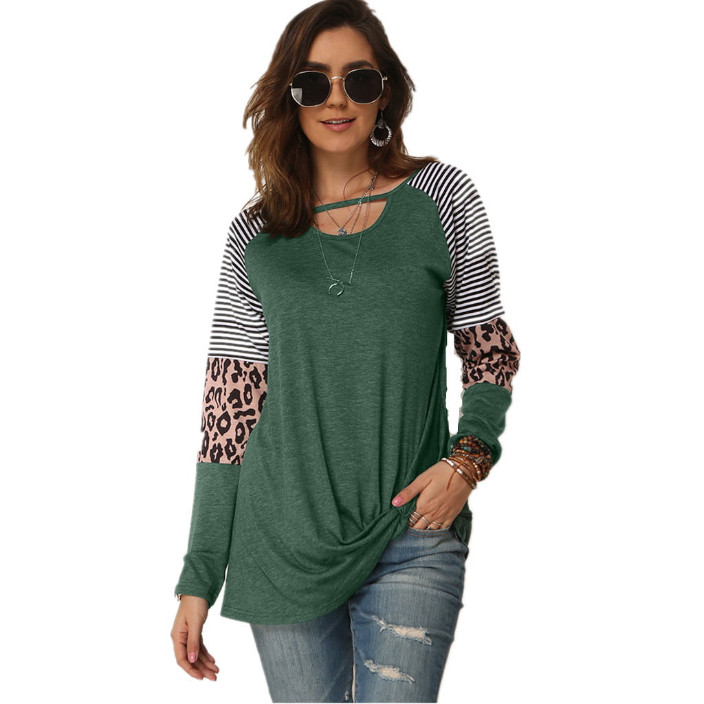 iChunhua Womens Casual Long Sleeve Tops Striped Blouse with Side Split