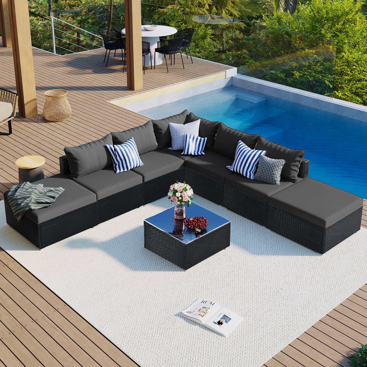Kadyn 8-Pieces Outdoor Patio Furniture Sets, Garden Conversation Wicker Sofa Set with 1 Table, Single Sofa Combinable for Garden, Gray
