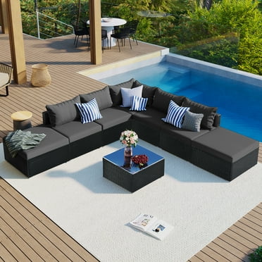 Kepooman 8-Pieces Outdoor Patio Furniture Sets, Garden Conversation Wicker Sofa Set, Gray Cushions Black Wicker