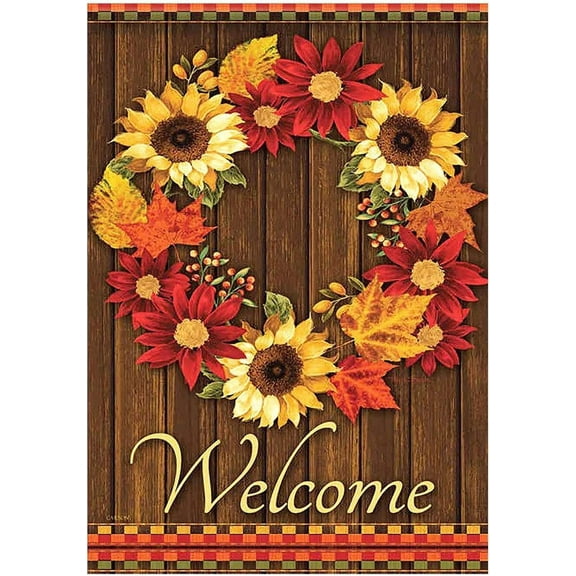 Welcome Wreath Sunflower Maple Leaves Cabin Double Sided House Flag Garden Banner 28" x 40", Flowers Wreath Summer Spring Autumn Fall Garden Flags for Anniversary Yard Outdoor Decoration