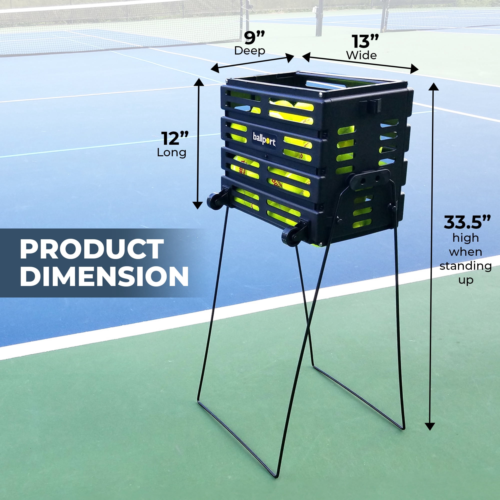 Tourna Ballport Deluxe Tennis Ball Hopper Pickup with Wheels, Black