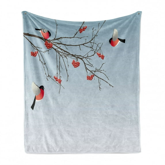 Rowan Soft Flannel Fleece Throw Blanket, Bullfinch Birds Flying and on Branches Winter Themed Graphic Design, Cozy Plush for Indoor and Outdoor Use, 60" x 80", Dark Brown Pale Blue, by Ambesonne