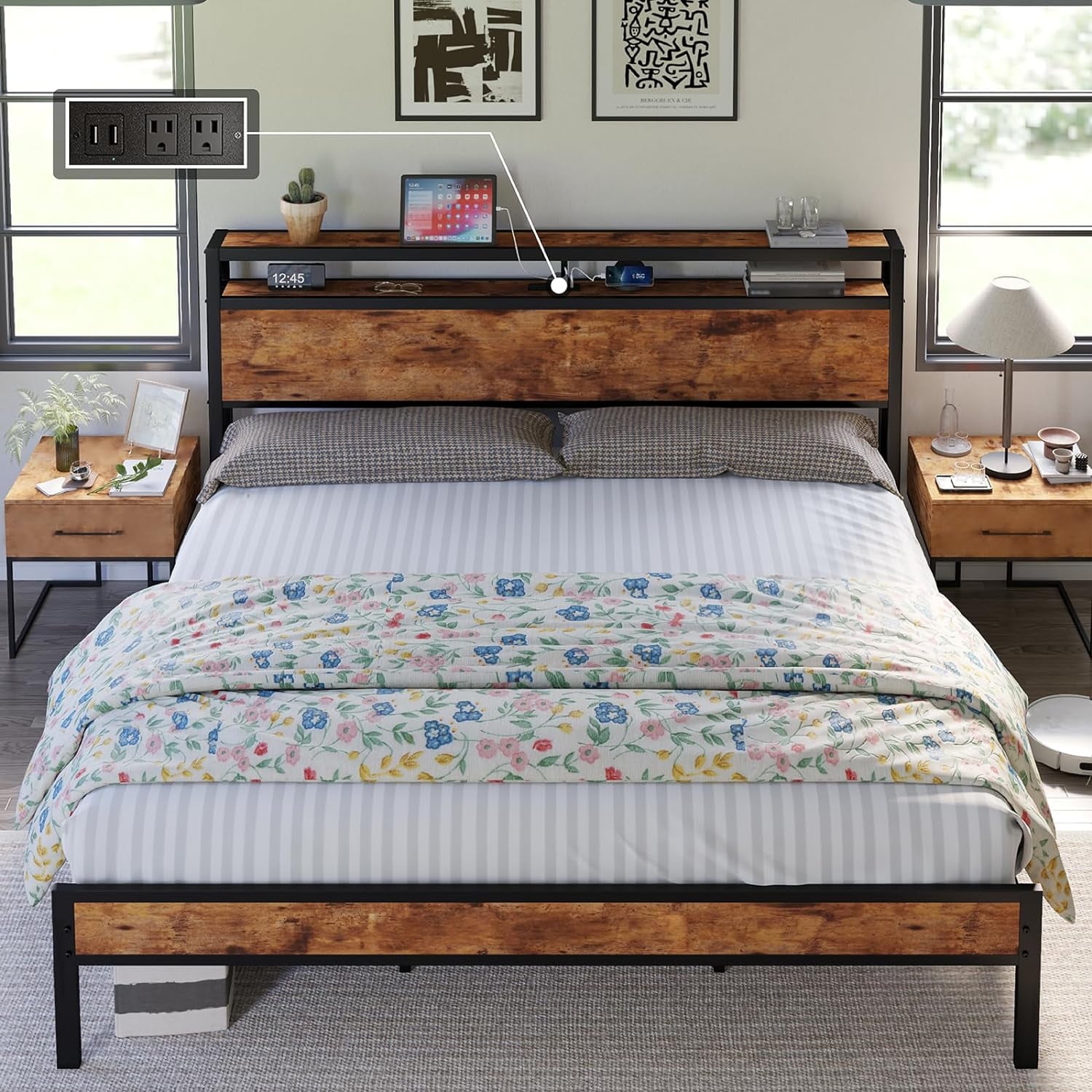 Merluxy King Size Bed Frame Industrial Platform Bed with Charging Station, 2-Tier Storage Headboard/ No Box Spring Needed/ Noise-Free/ Dark Brown