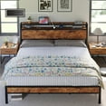 thumbnail image 4 of Merluxy King Size Bed Frame Industrial Platform Bed with Charging Station, 2-Tier Storage Headboard/ No Box Spring Needed/ Noise-Free/ Dark Brown, 4 of 8