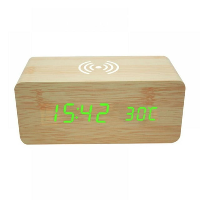 Wood LED Digital Alarm Clock With Phone Wireless Charging Pad Snooze Function Sound Control Alarm Clock