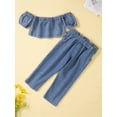 thumbnail image 3 of Franhais Kid Girl Outfits Suit Off-shoulder Short Sleeve Crop Tops High Waist Jeans with Belt Denim Clothes Set, 3 of 9