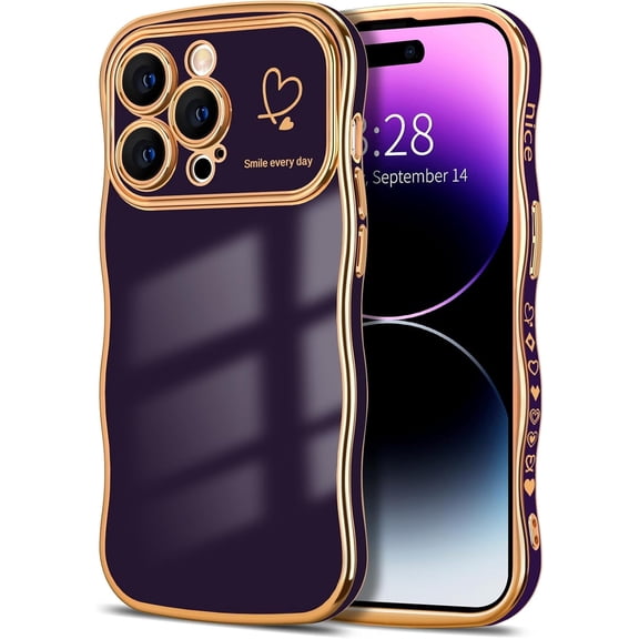 for iPhone 14 Pro Max Case Cute Curly Wave Frame Shape Phone Cases, Thin Slim Luxury Plating Wavy Edge Soft TPU Bumper Shockproof Rubber Protective Cover for Women Girls, Love Heart-Dark Purple
