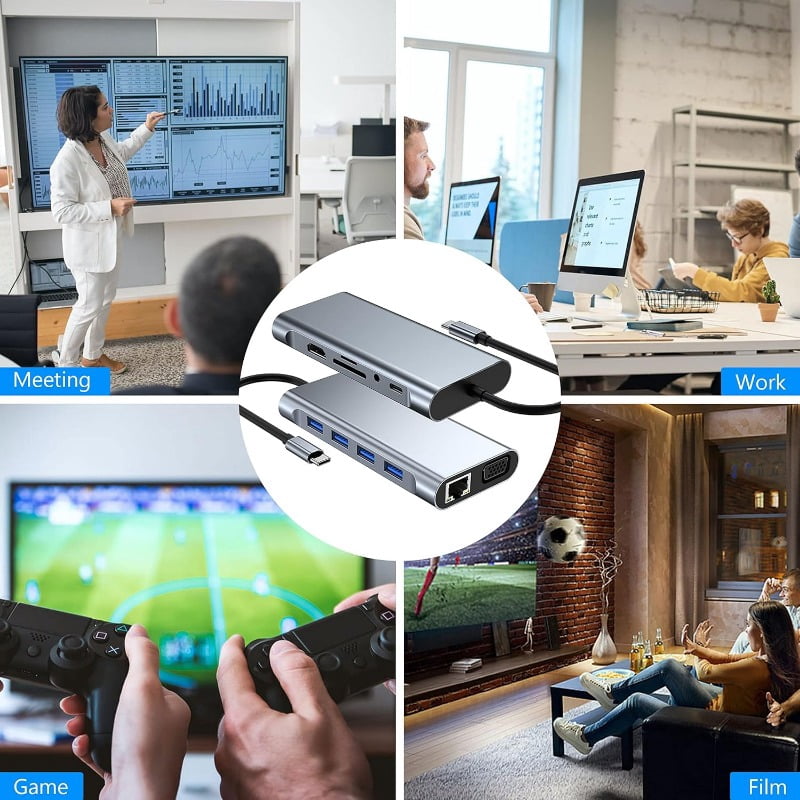 USB C Multiport Hub, 11 in 1 Docking Station with 4K HD, VGA, 1000 RJ45 Ethernet, PD Charging, USB 3.0/2.0, SD/TF Card, Universal Hub, Compatible with MacBook, Dell, Lenovo Surface Laptops