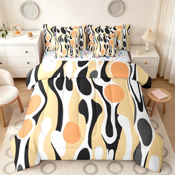 Manfei Minimalism Abstract Twin Bedding, Orange Aesthetic Bedding Comforter Set, Colorful Stars Reversible 7 Pieces