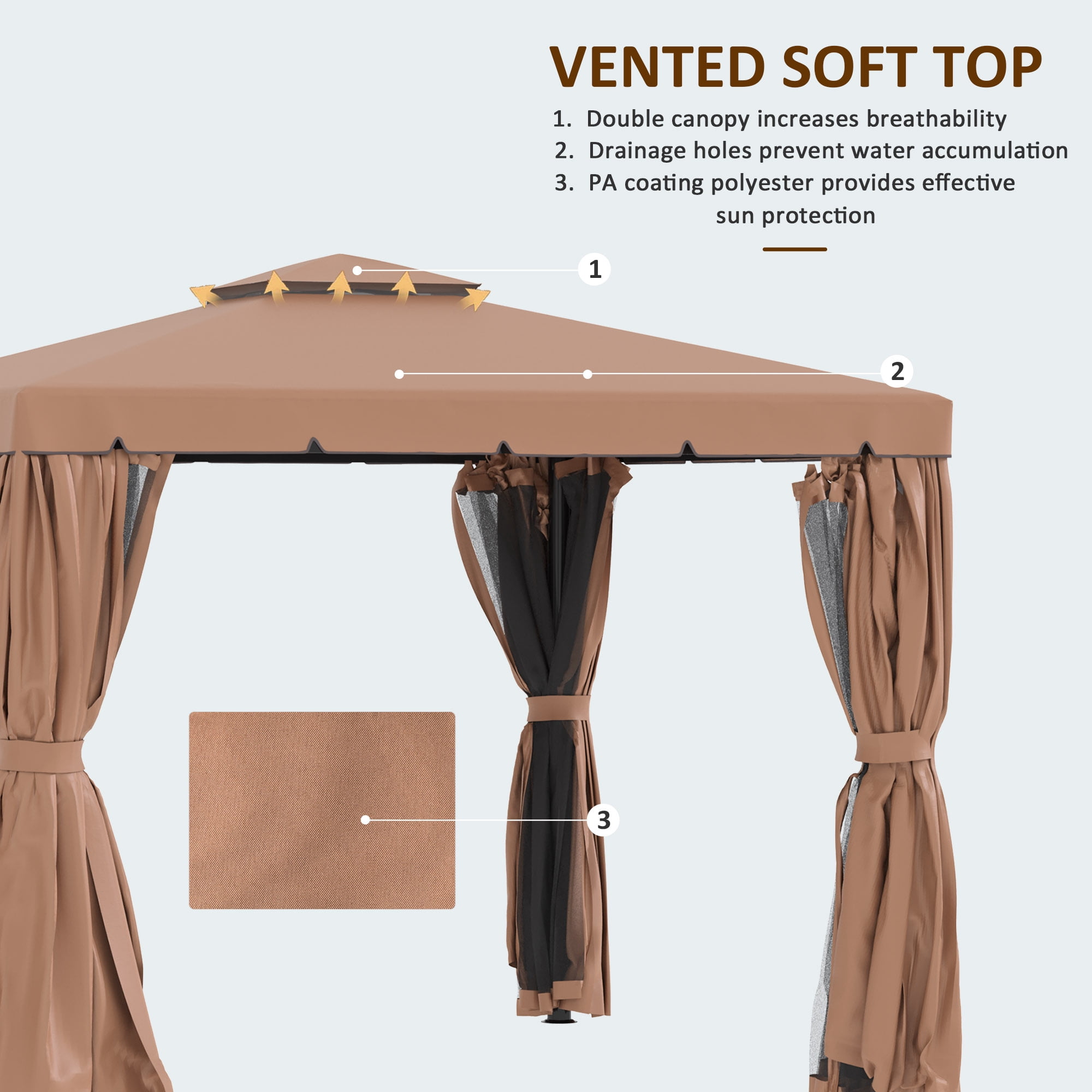 Outsunny 10' x 10' Patio Gazebo, Aluminum Frame Double Roof Outdoor Gazebo Canopy Shelter with Netting & Curtains, for Garden, Lawn, Backyard and Deck, Brown