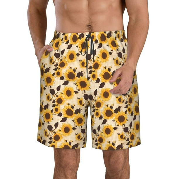 Balery Vintage Plaid Cute Sunflower Traje de Baño Estilo Hawaiano para Hombre, Shorts de Secado Rápido con Bolsillos-3X-Large