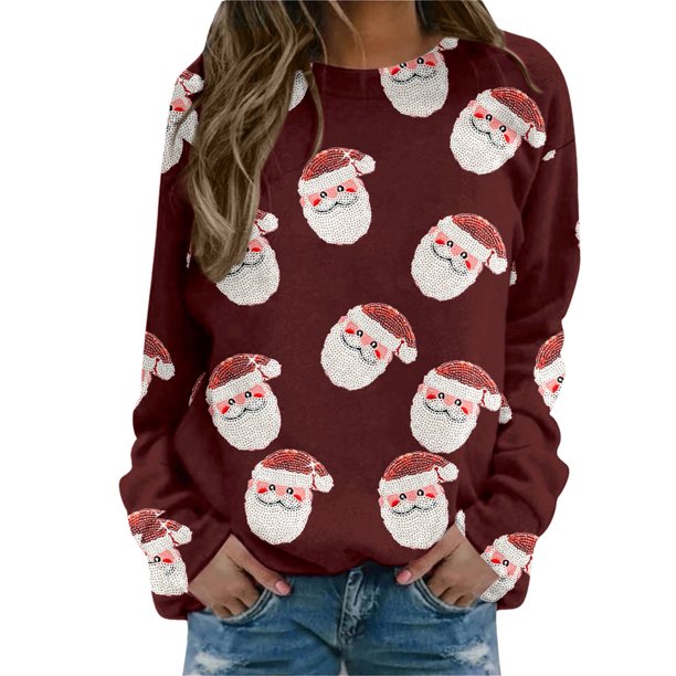Gibobby Sudaderas navideñas Blusa de sudadera estampada con cuello redondo y manga larga para entrenamiento diario en casa y al libre para mujer(Vino,M)